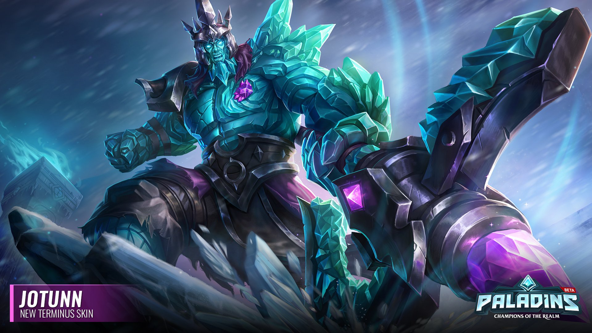 HD PC desktop wallpaper featuring Terminus from the video game Paladins in his armored Terminus skin, wielding a large crystal weapon with a glowing purple core.