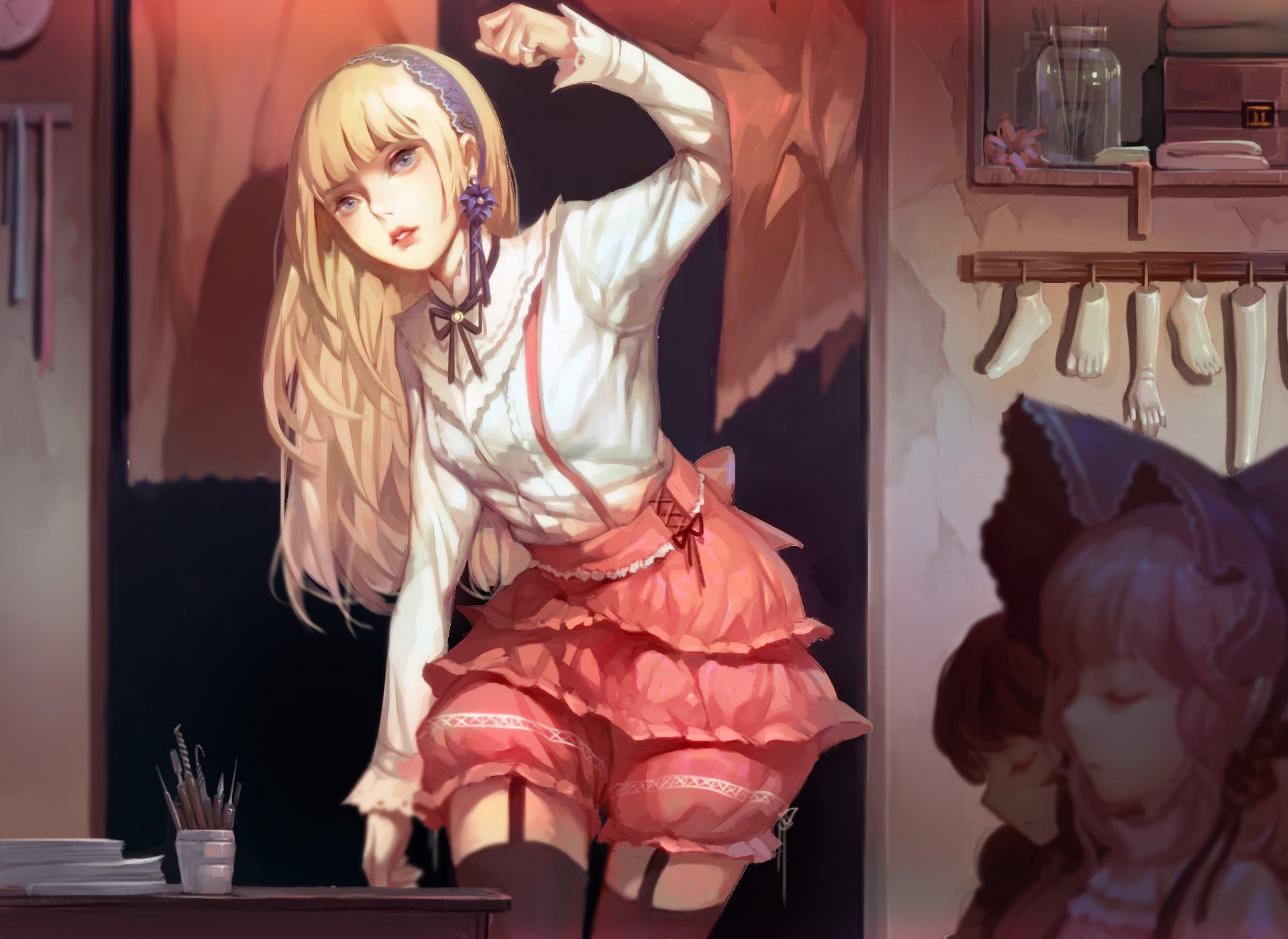 HD anime original artwork of a blonde girl in a white blouse and pink skirt posing indoors, designed as a detailed PC desktop wallpaper and background.