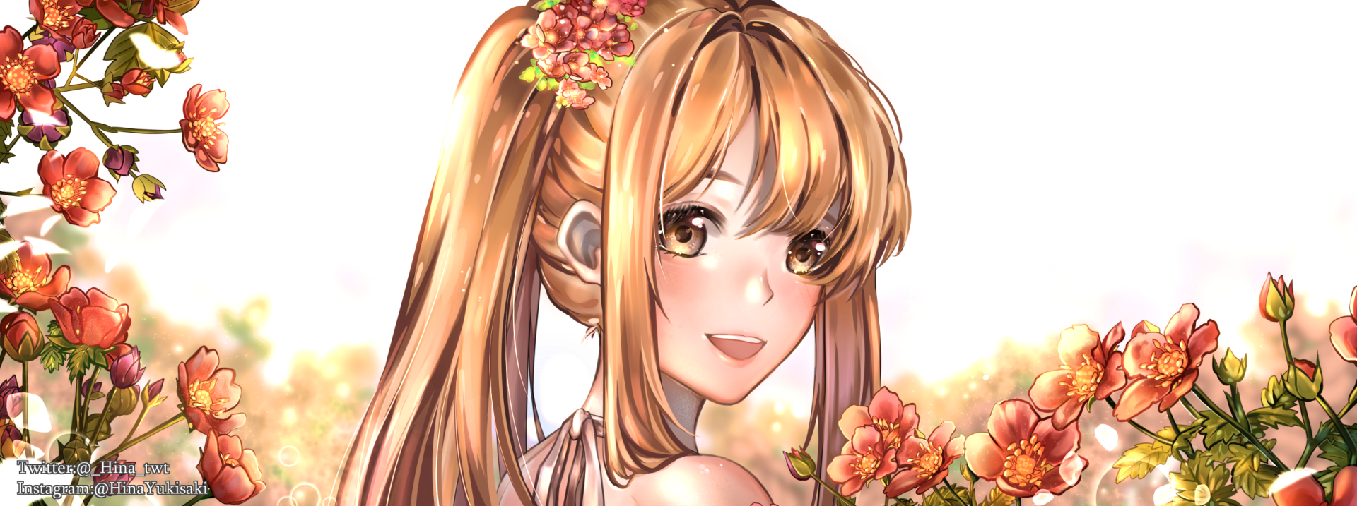 HD anime desktop wallpaper featuring Lucy Heartfilia from Fairy Tail, showcasing her with long hair adorned with flowers and a bright, warm background.