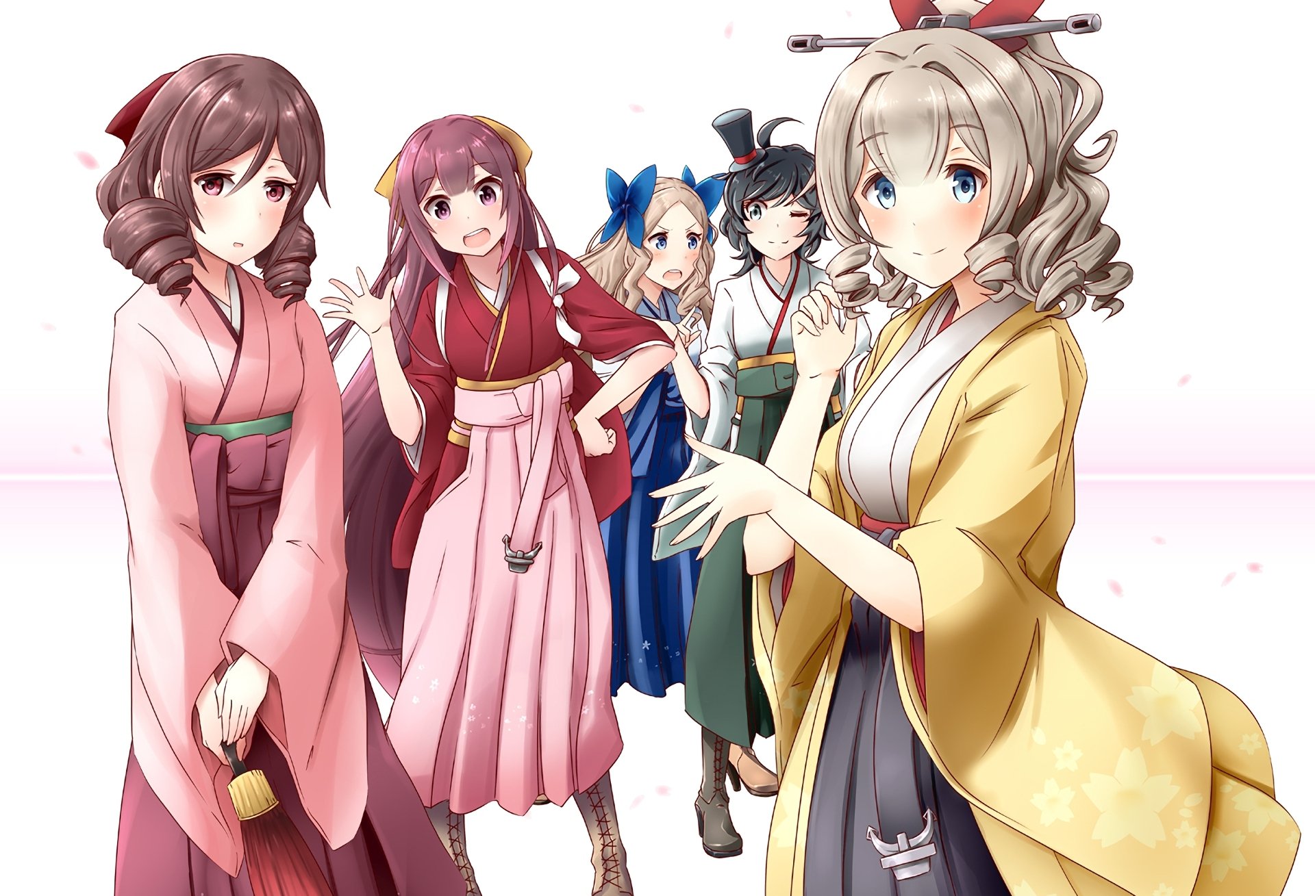 HD PC desktop wallpaper and background: Kantai Collection anime shipgirls Matsukaze, Kamikaze, Hatsukaze, Hatakaze and Asakaze in colorful kimonos on a pale pink backdrop.
