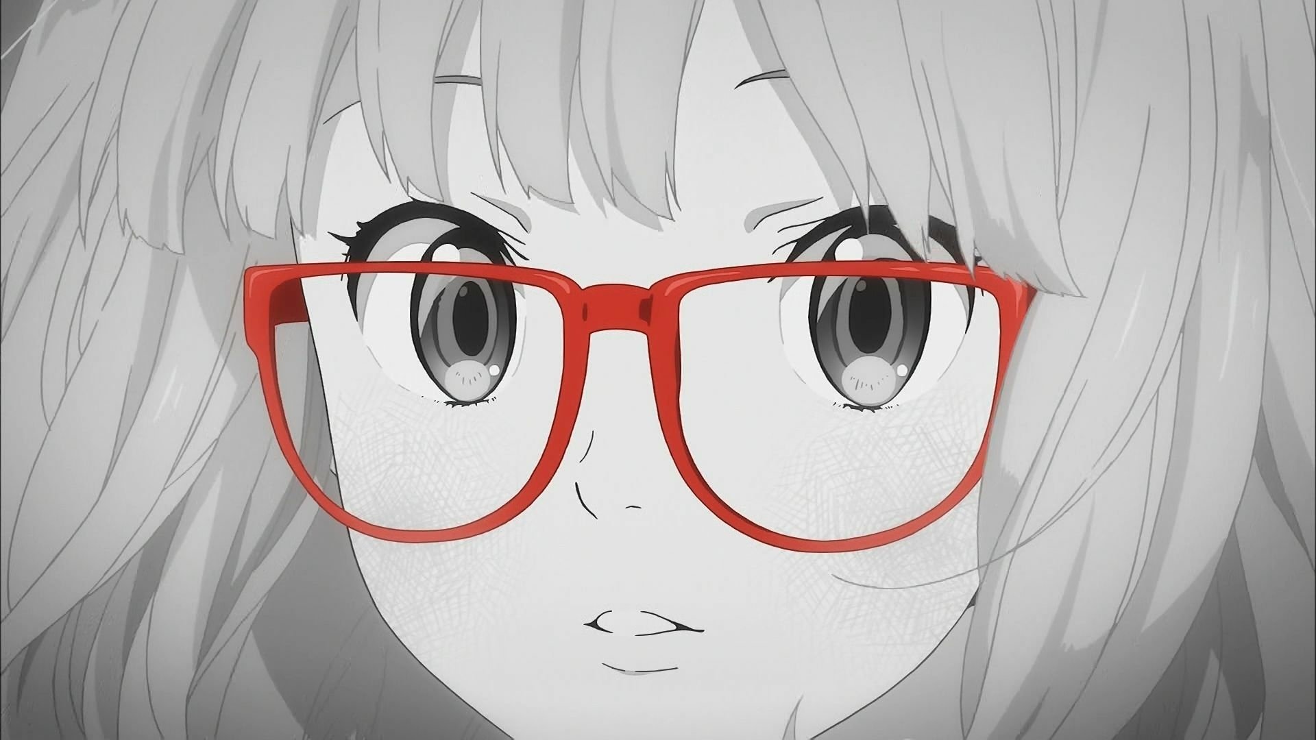 Close-up of Mirai Kuriyama from Beyond the Boundary anime, featuring her signature red glasses in an HD PC desktop wallpaper style.
