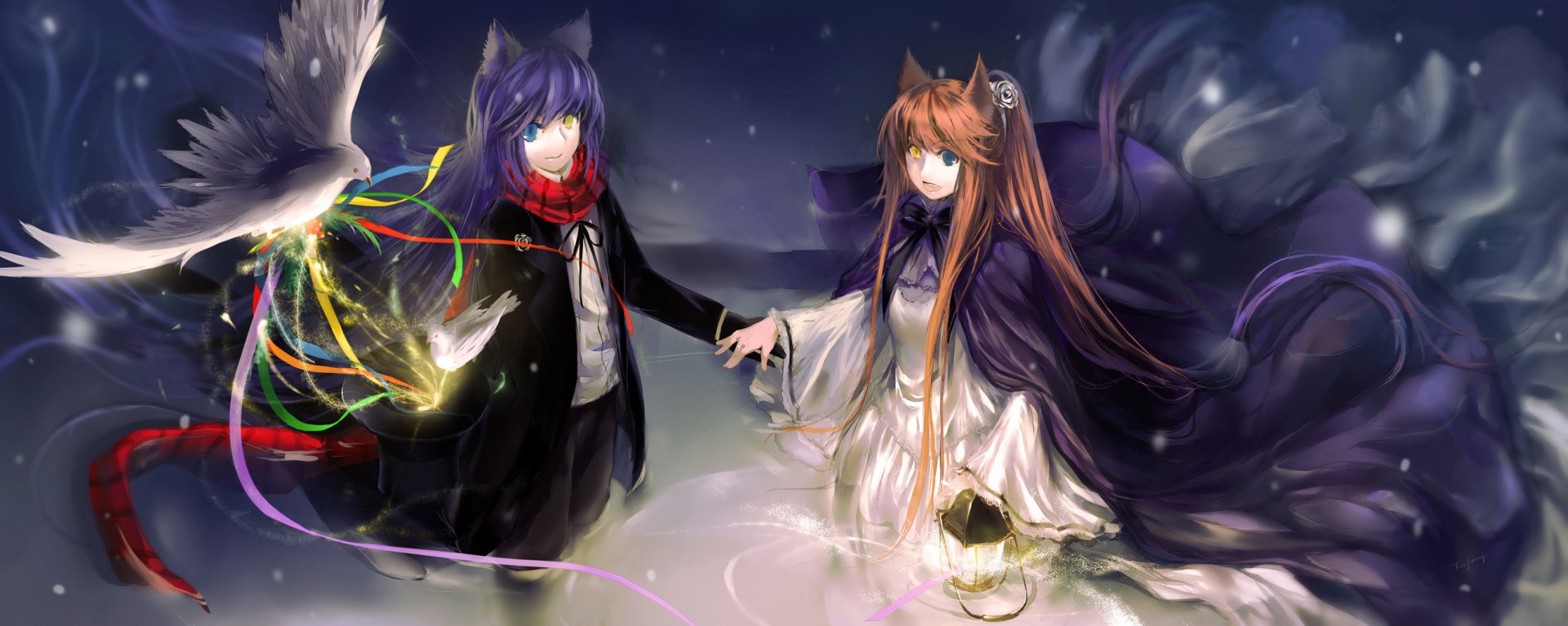 HD PC anime wallpaper of two original long hair characters, purple-haired ponytail wearing a scarf, and brown-haired with heterochromia (blue and yellow eyes), smiling, holding lanterns with anime bird.