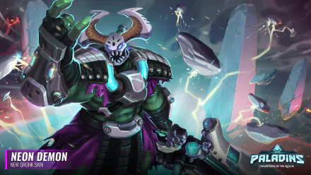 HD PC desktop wallpaper of Grohk from the video game Paladins — Neon Demon skin: horned, armored shaman with glowing totems and floating rocks in a neon-lit storm.