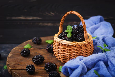 A small woven basket filled with fresh blackberries, surrounded by scattered berries and green leaves on a rustic wooden surface with a blue cloth, captured in 4K Ultra HD.