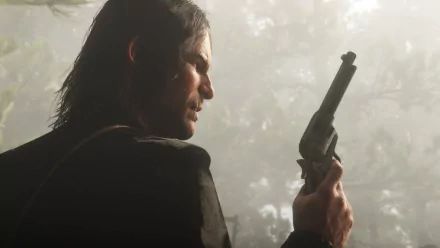 John Marston from the video game Red Dead Redemption 2, holding a revolver against a misty forest background in an HD PC desktop wallpaper.