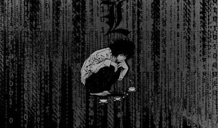 HD anime desktop wallpaper featuring L from Death Note crouched thoughtfully against a dark backdrop with cascading code-like symbols.