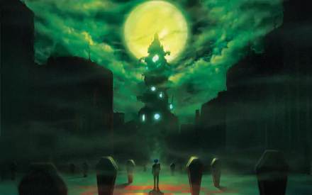 HD desktop wallpaper featuring a scene from the video game Persona 3, showcasing a green, eerie night with a large moon and a mysterious tower in the background.