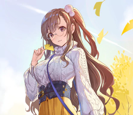 Anime-style original character with long brown hair, brown eyes, and glasses, wearing a white sweater and standing against a bright outdoor background in HD quality.