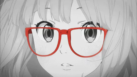 Close-up of Mirai Kuriyama from Beyond the Boundary anime, featuring her signature red glasses in an HD PC desktop wallpaper style.