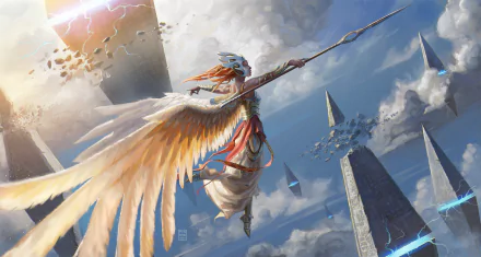 A redhead angel warrior with large wings soars through the sky holding a spear amidst floating monoliths in a fantasy HD desktop wallpaper.