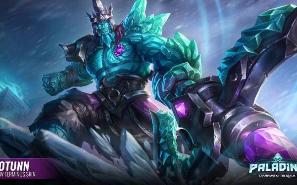 HD PC desktop wallpaper featuring Terminus from the video game Paladins in his armored Terminus skin, wielding a large crystal weapon with a glowing purple core.