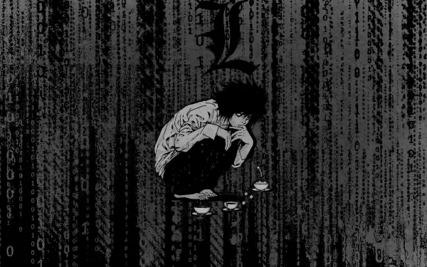HD anime desktop wallpaper featuring L from Death Note crouched thoughtfully against a dark backdrop with cascading code-like symbols.