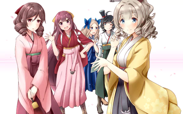 HD PC desktop wallpaper and background: Kantai Collection anime shipgirls Matsukaze, Kamikaze, Hatsukaze, Hatakaze and Asakaze in colorful kimonos on a pale pink backdrop.