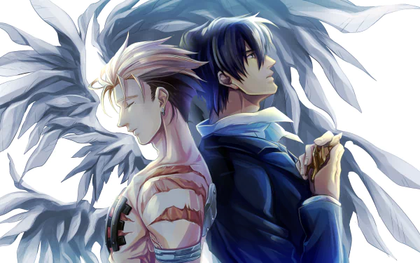 HD anime desktop wallpaper: Trigun’s Vash the Stampede and Nicholas D. Wolfwood stand back-to-back with angelic wings, dramatic lighting and contrasting attire.