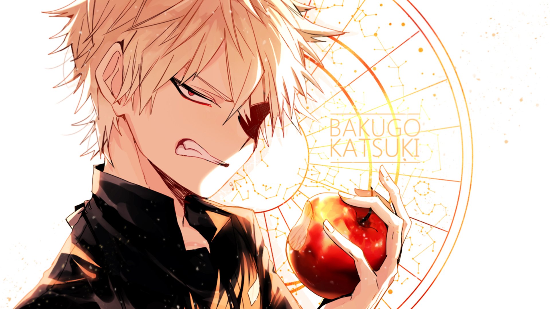 HD desktop wallpaper of Katsuki Bakugou from My Hero Academia, featuring him holding an apple with a confident expression, set against a stylish background.