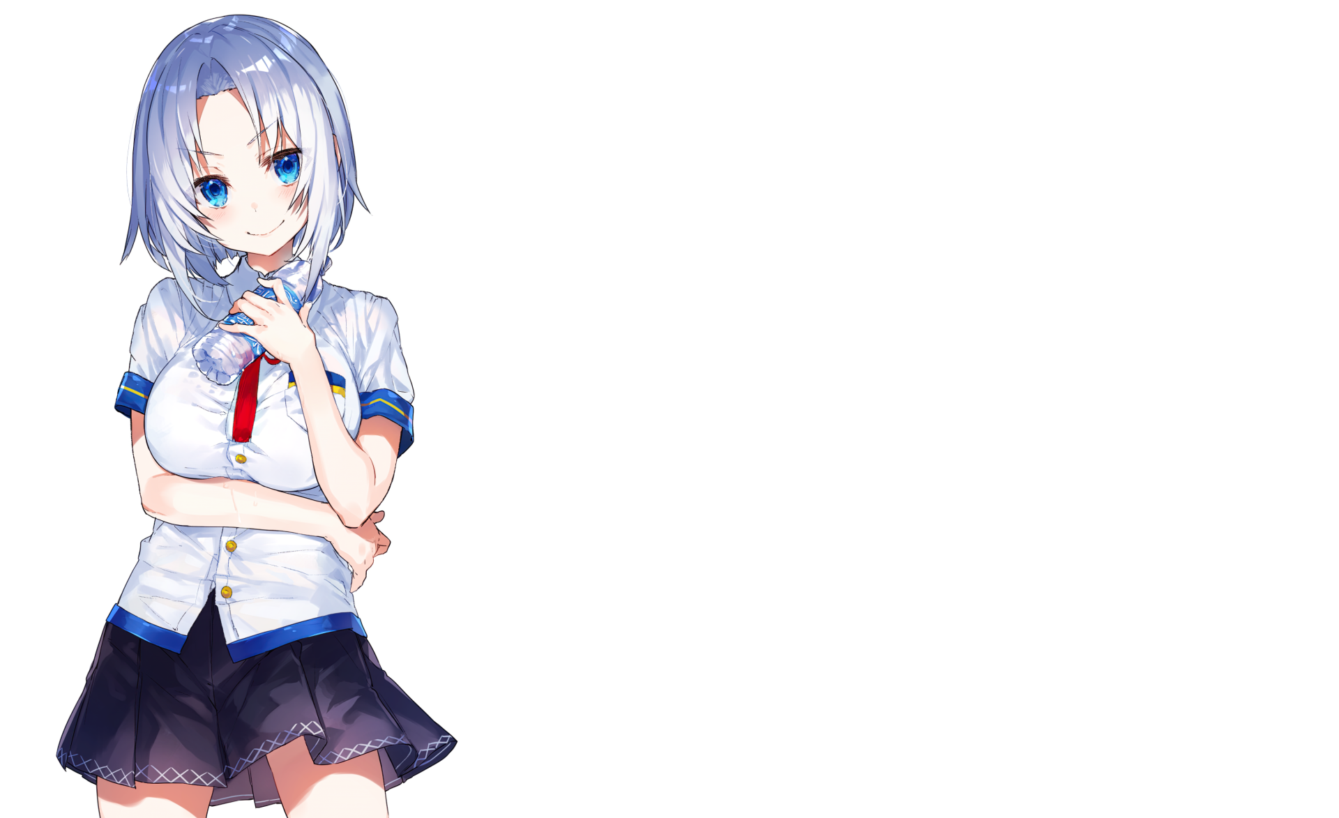 Anime original girl with short grey hair and blue eyes, smiling and holding a bottle, positioned left on a clean 2K Quad HD PC desktop wallpaper background.