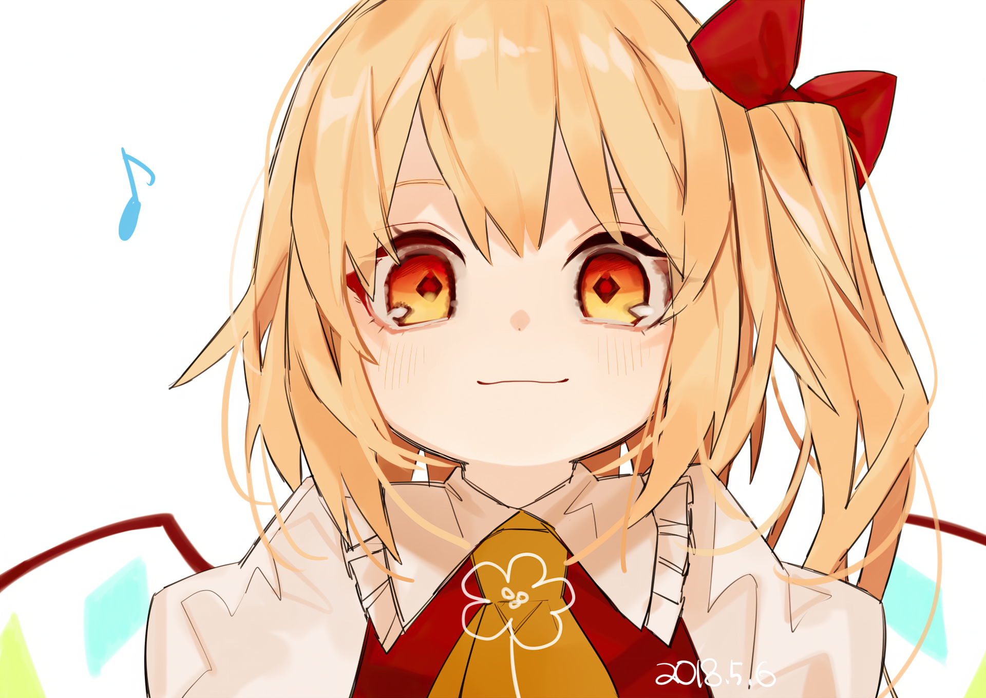 HD anime desktop wallpaper featuring Flandre Scarlet from Touhou, showcasing her bright eyes and blonde hair with a red bow in a cheerful expression.