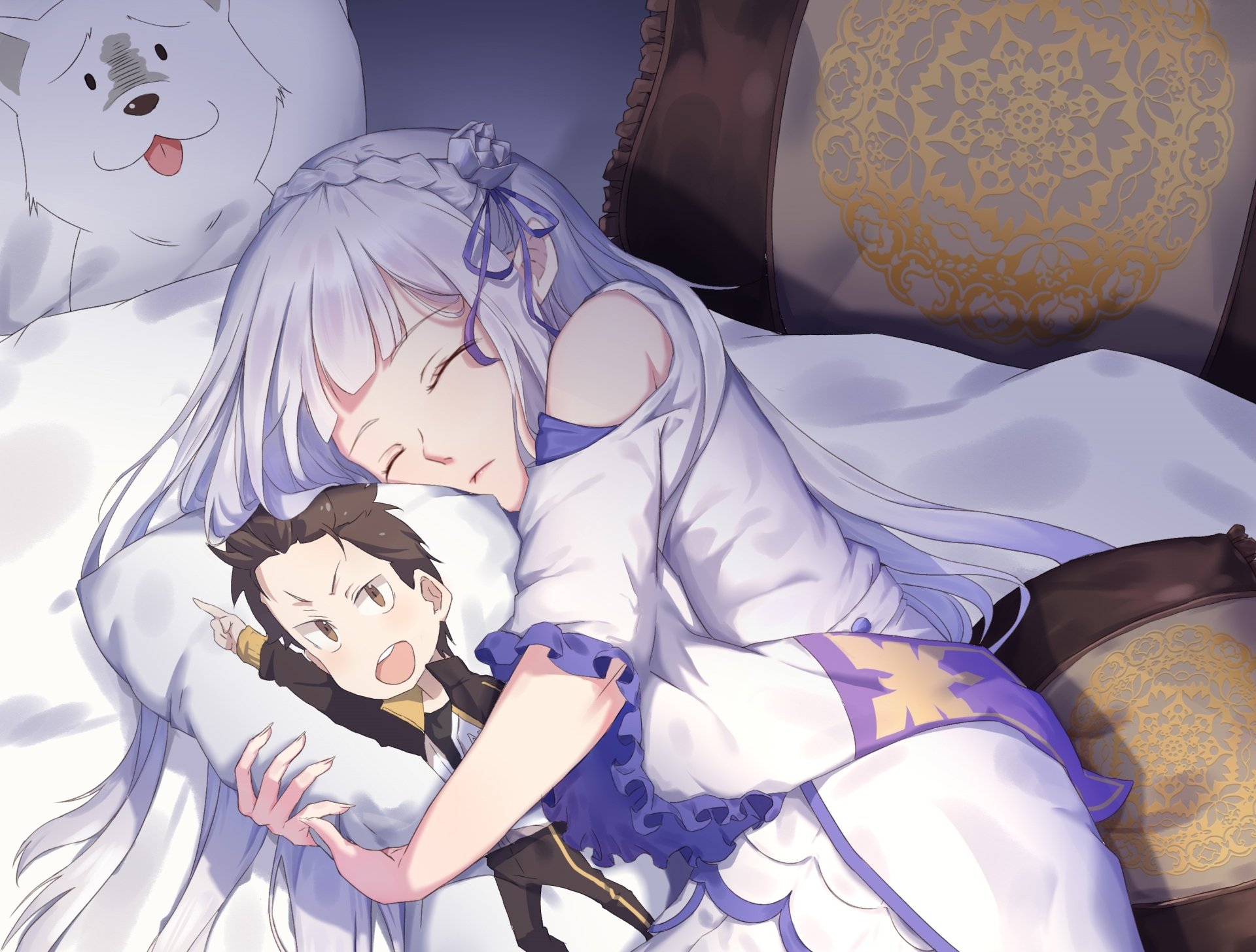 A serene HD wallpaper featuring Subaru Natsuki and Emilia from Re:ZERO - Starting Life in Another World, capturing an intimate moment as Emilia sleeps peacefully with Subaru beside her.