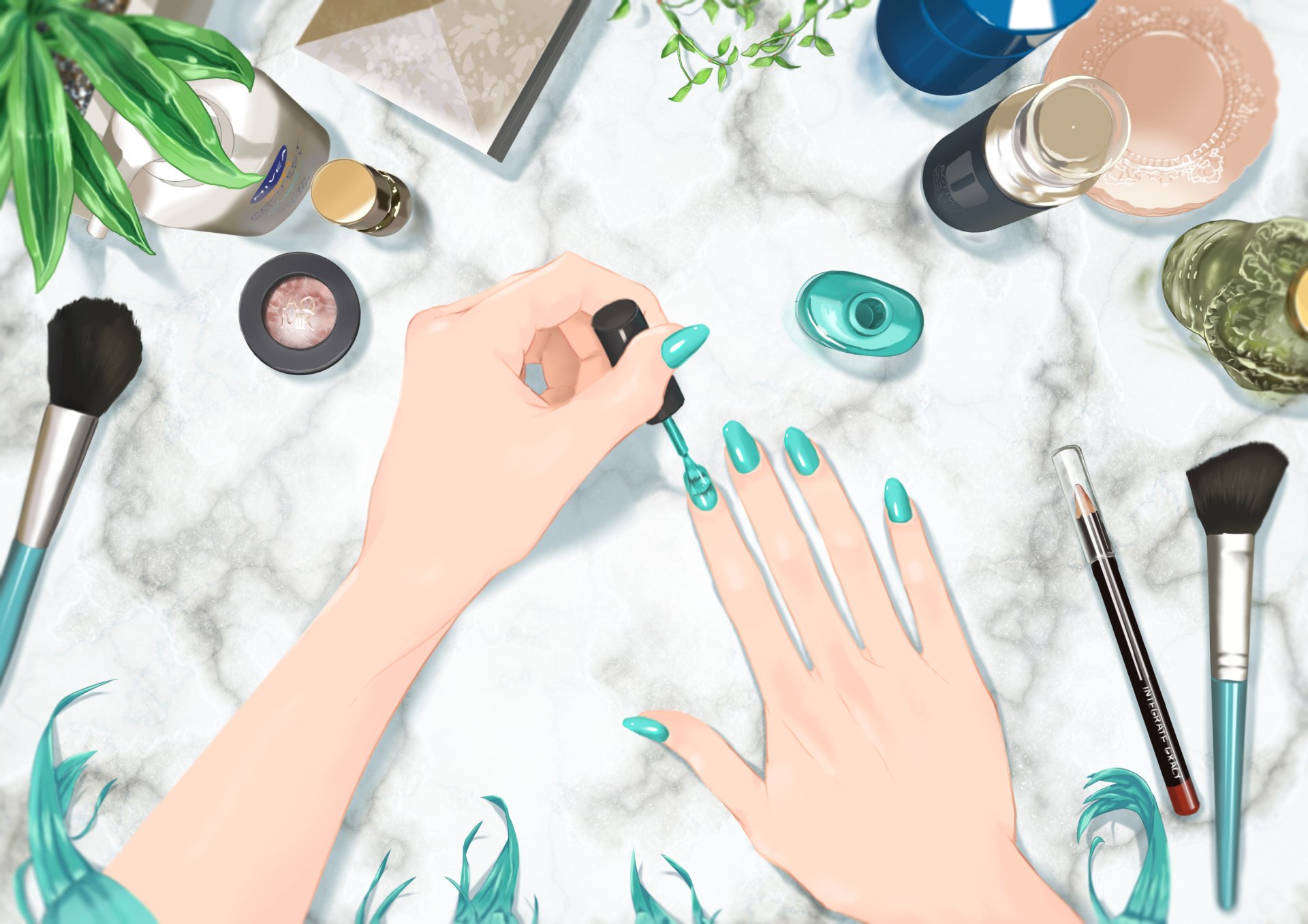 Anime-style Hatsune Miku Vocaloid nail art scene: hands painting teal Miku-inspired nails on a marble desk with brushes, polish and cosmetics — 2K Quad HD PC desktop wallpaper/background.