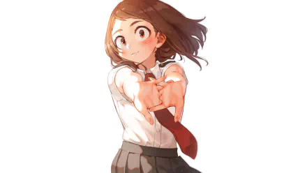 HD desktop wallpaper featuring Ochaco Uraraka from the anime My Hero Academia, posing with a warm smile in her school uniform.