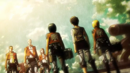 HD anime desktop wallpaper featuring Dot Pixis, Armin Arlert, Mikasa Ackerman, and Eren Yeager from Attack on Titan, showcasing key characters in a dynamic outdoor scene.