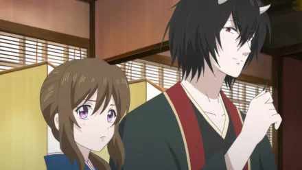 HD anime wallpaper featuring Ōdanna and Aoi Tsubaki from Kakuriyo no Yadomeshi in a traditional Japanese setting.