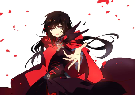 HD anime wallpaper featuring Ruby Rose from RWBY, with her signature red cloak and black outfit, surrounded by floating rose petals on a white background.