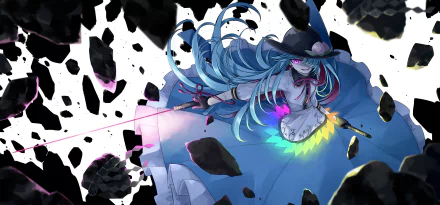 HD anime desktop wallpaper featuring Tenshi Hinanawi from Touhou, surrounded by floating black rocks and vibrant aura effects.