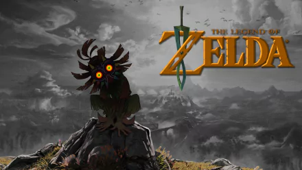 HD PC desktop wallpaper featuring Majora's Mask from The Legend of Zelda: Majora's Mask, with The Legend of Zelda: Breath of the Wild logo in the background.