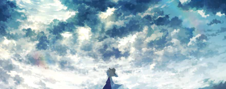 Suwako Moriya (Touhou) gazing up at a vast painterly blue sky with dramatic clouds — anime HD PC desktop wallpaper/background
