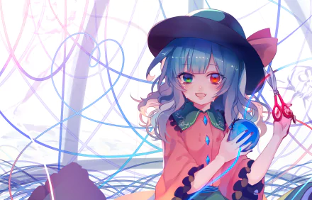 2K Quad HD anime wallpaper of Touhou's Koishi Komeiji with heterochromia, smiling while holding a blue eye amid floating threads — PC desktop background.