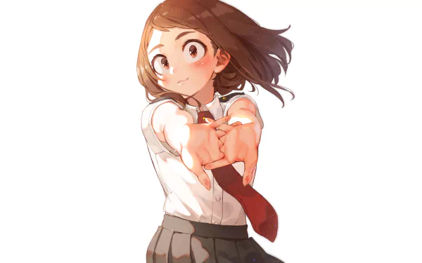 HD desktop wallpaper featuring Ochaco Uraraka from the anime My Hero Academia, posing with a warm smile in her school uniform.