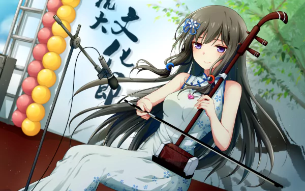 purple eyes necklace blush black hair long hair smile qipao Anime music HD Desktop Wallpaper | Background Image