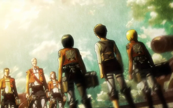 HD anime desktop wallpaper featuring Dot Pixis, Armin Arlert, Mikasa Ackerman, and Eren Yeager from Attack on Titan, showcasing key characters in a dynamic outdoor scene.