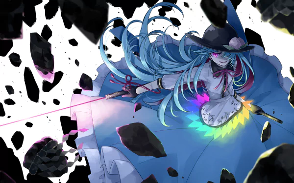HD anime desktop wallpaper featuring Tenshi Hinanawi from Touhou, surrounded by floating black rocks and vibrant aura effects.