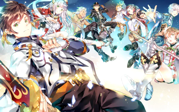 HD PC desktop wallpaper featuring vibrant characters from the video game Tales of Zestiria in dynamic poses against a bright sky background.