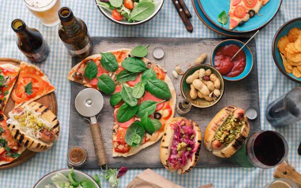 5K Ultra HD PC desktop wallpaper and background: food still life of pizza with basil, two hot dogs with toppings, bowls of chips, sauces and drinks on a checkered table.