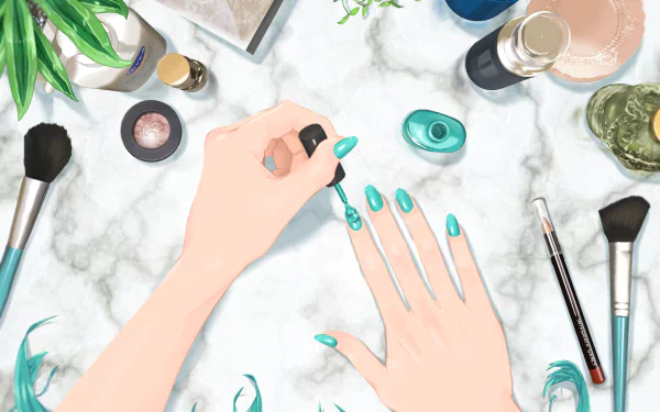 Anime-style Hatsune Miku Vocaloid nail art scene: hands painting teal Miku-inspired nails on a marble desk with brushes, polish and cosmetics — 2K Quad HD PC desktop wallpaper/background.