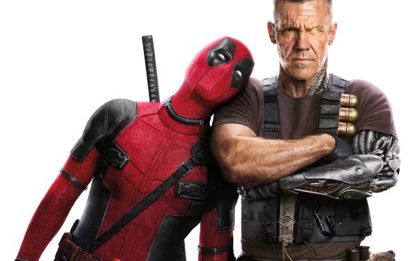 Deadpool leans on Cable with arms crossed; Deadpool 2 movie 5K Ultra HD PC desktop wallpaper featuring Deadpool and Cable (Marvel Comics).