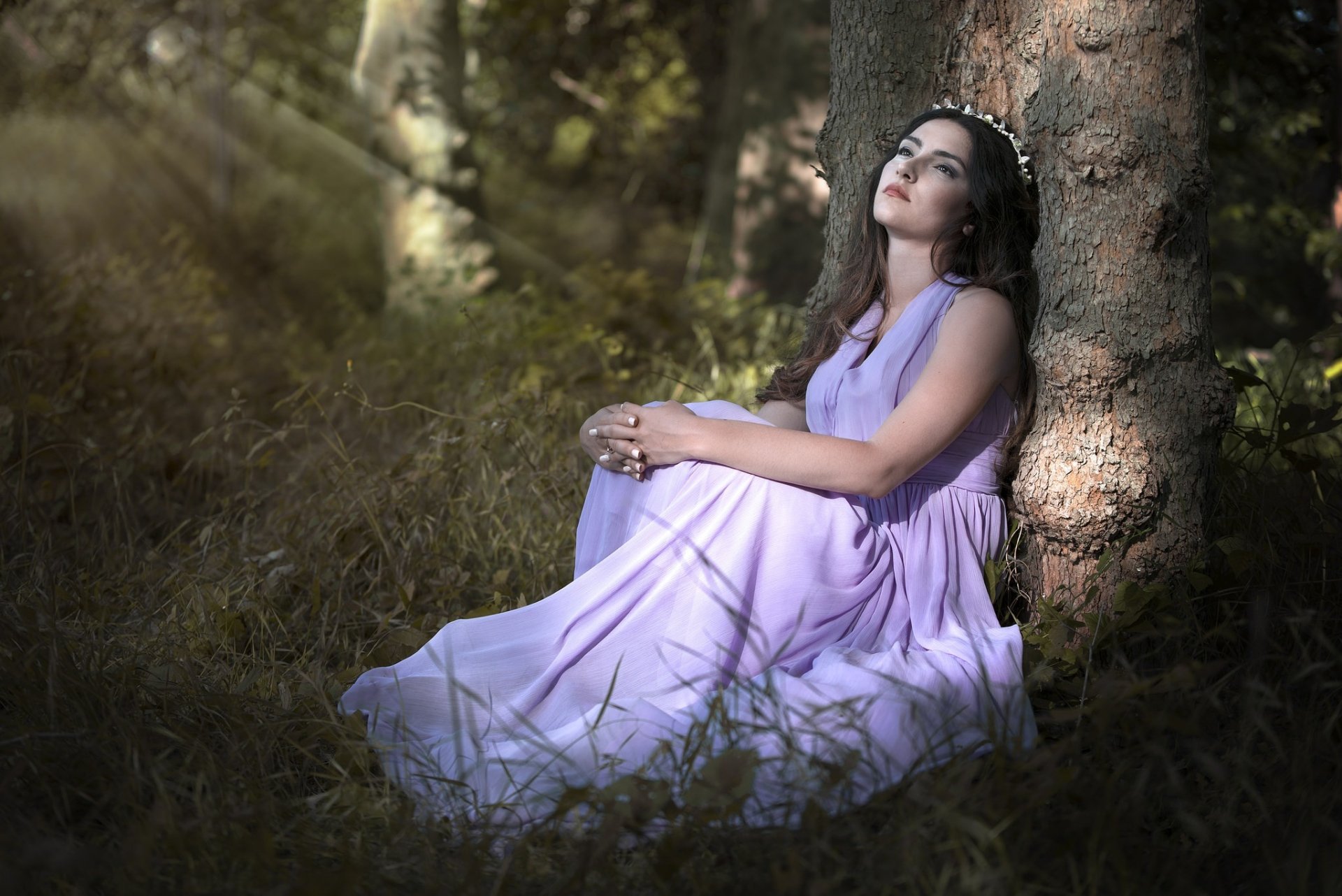Download Long Hair Pink Dress Brunette Sunbeam Woman Model HD Wallpaper