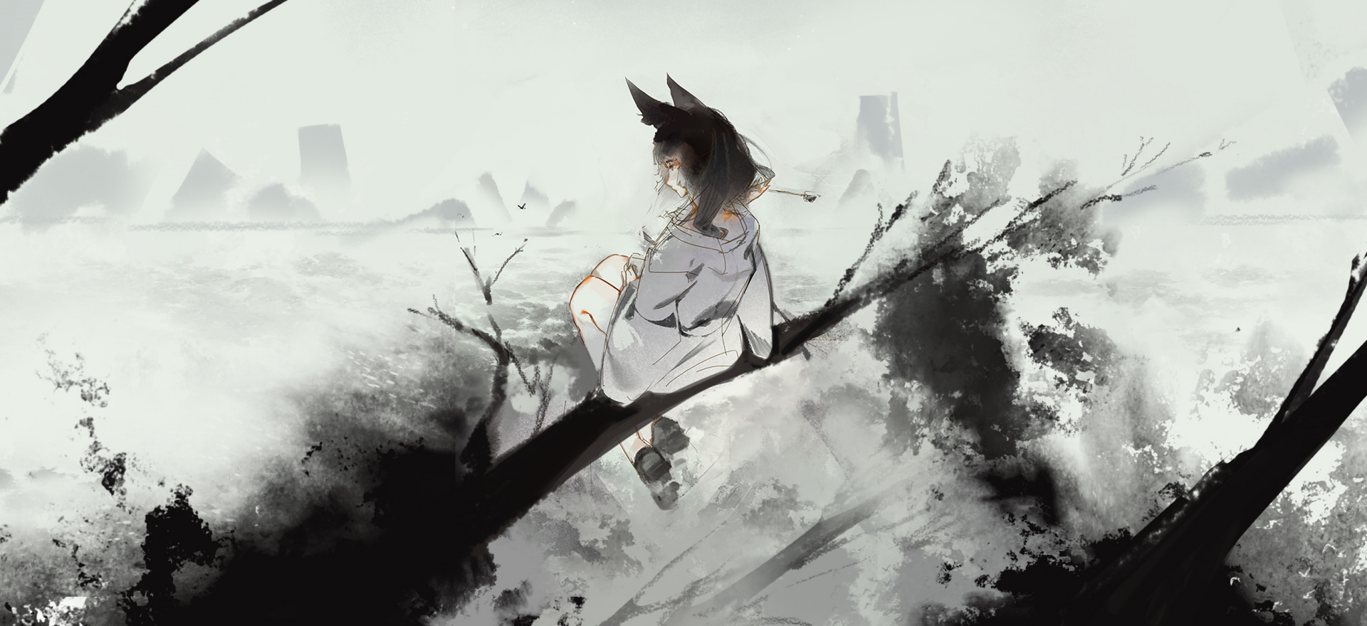 Anime-style original character with black hair and animal ears wearing a kimono, sitting on a tree branch in a misty, monochrome landscape. HD desktop wallpaper.