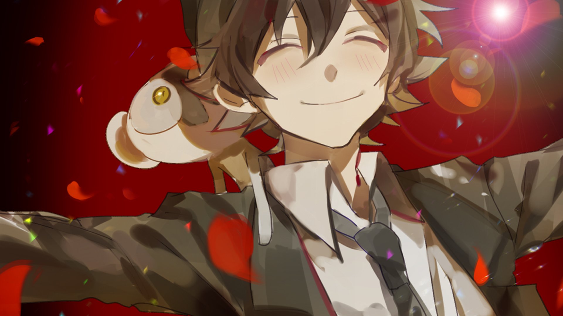 HD PC desktop wallpaper of Leonardo Watch (Blood Blockade Battlefront) smiling with Sonic Speed Monkey on his shoulder, red petals drifting and a glowing light behind him.