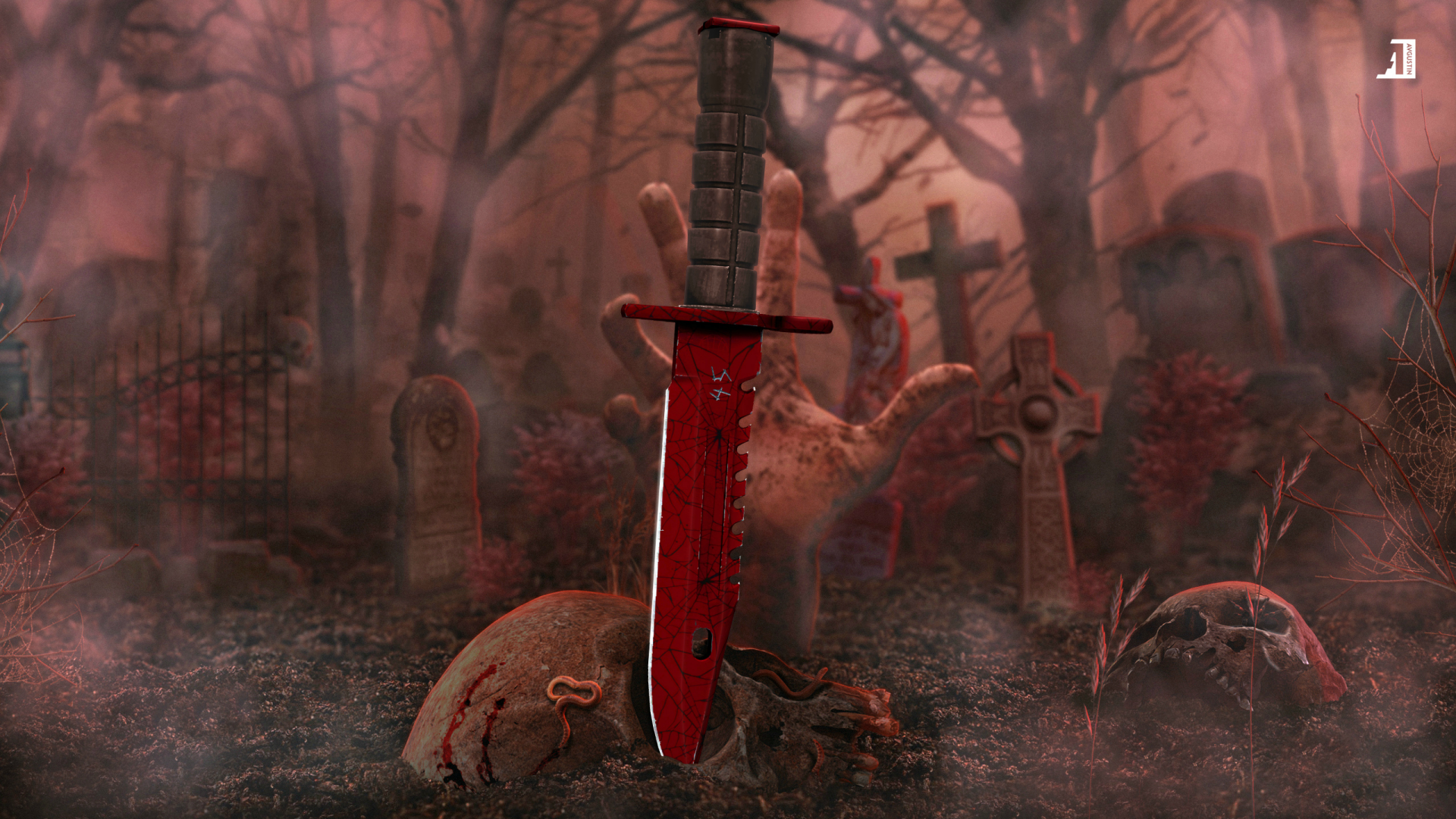 HD desktop wallpaper of a bloodied tactical knife from Counter-Strike: Global Offensive embedded in the ground within a foggy, eerie cemetery at dusk.
