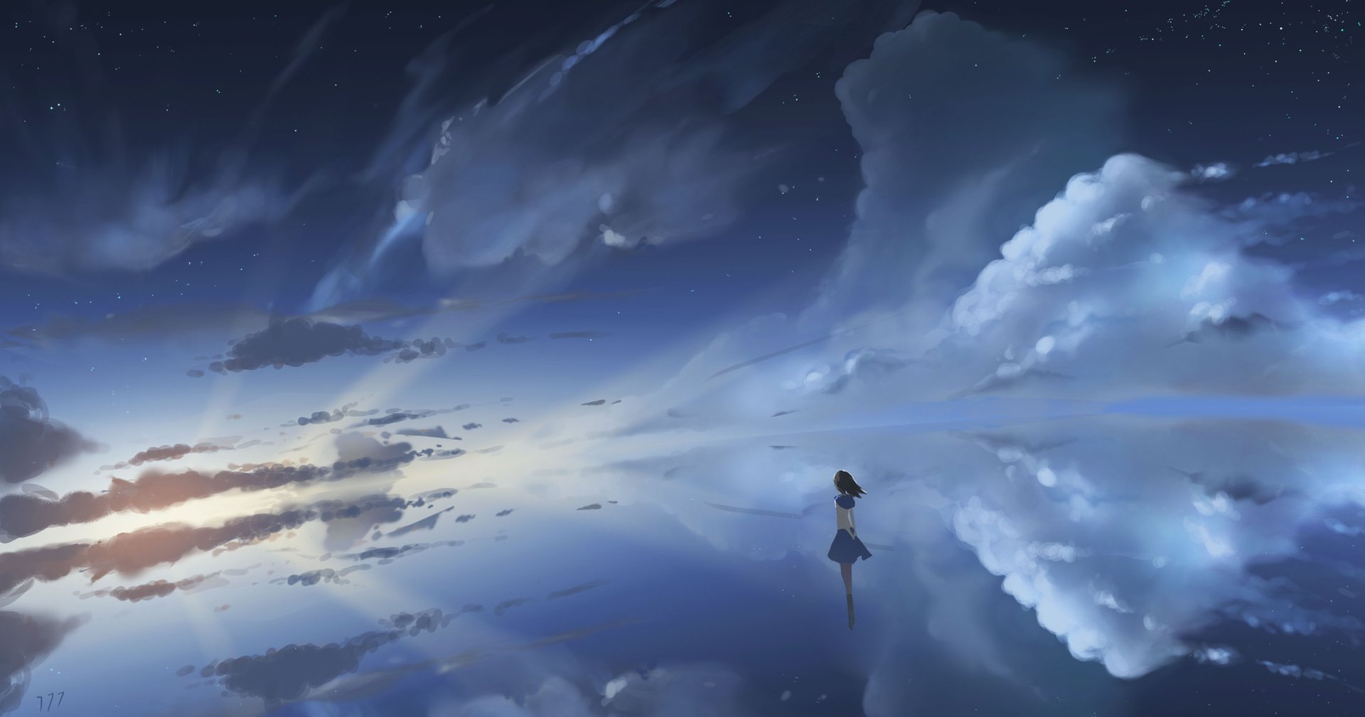 HD wallpaper featuring an anime girl standing on a reflective sea surface at sunrise, under a vast sky, showcasing stunning reflections and tranquil scenery.