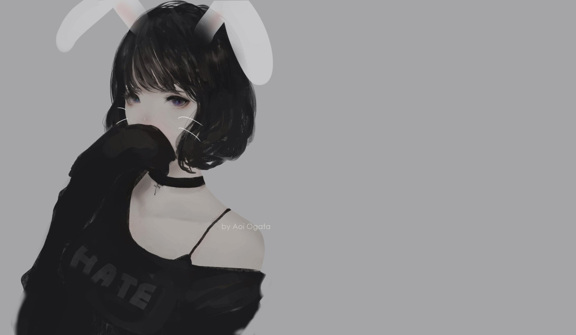 Anime-style HD desktop wallpaper featuring a short-haired character with black hair, black eyes, and white bunny ears on a minimal gray background.