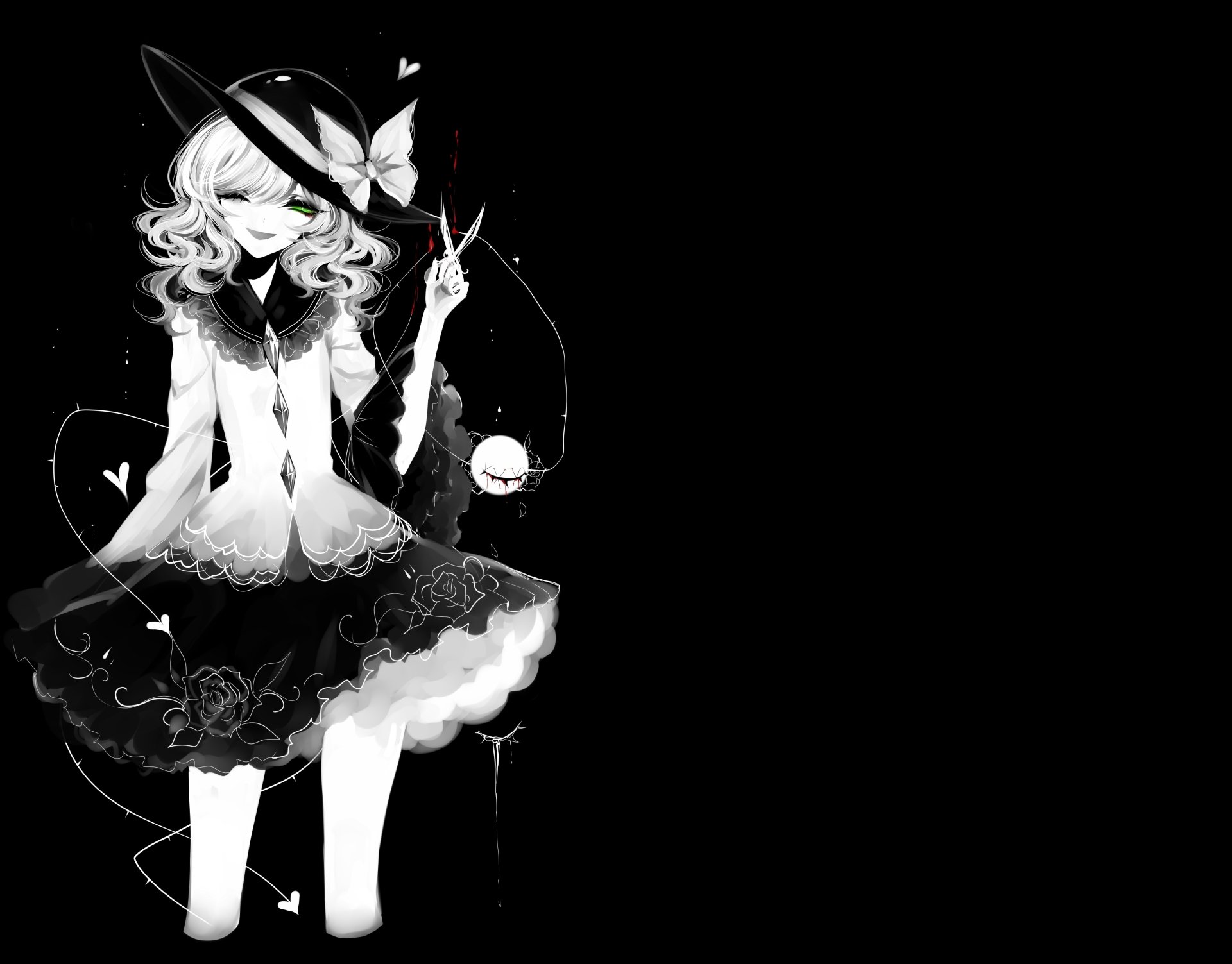 Monochrome 4K Ultra HD anime desktop wallpaper of Koishi Komeiji (Touhou): stylized girl in frilled dress, ribbon, and floating charm on a stark black backdrop.