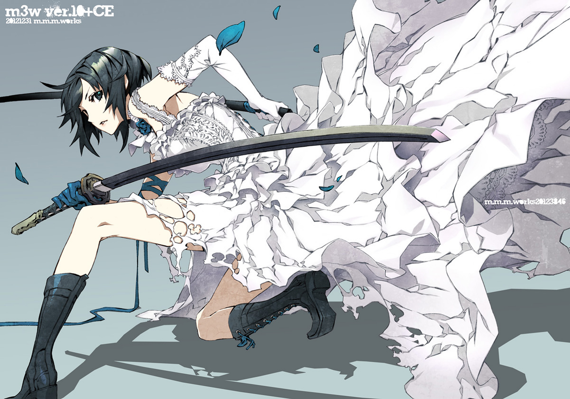 Anime character Naoto Fuyumine from Dogs: Bullets & Carnage in an action pose, holding a sword, with an HD desktop wallpaper and background.