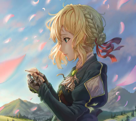 HD anime desktop wallpaper featuring Violet Evergarden, the character from the series, holding a letter amidst softly falling petals and a pastel sky background.