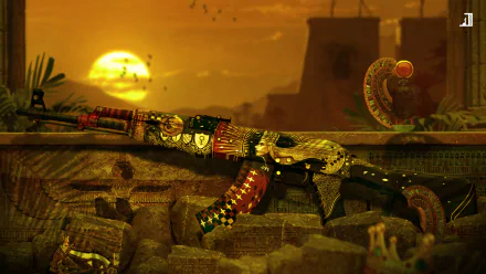 HD PC desktop wallpaper featuring a detailed weapon skin from the video game Counter-Strike: Global Offensive against a sunset backdrop.