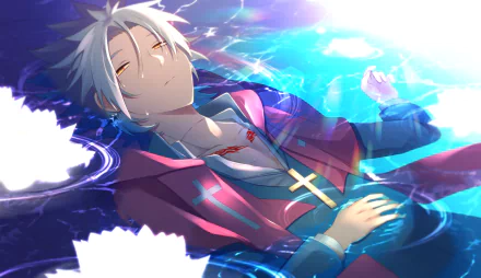 HD PC desktop wallpaper featuring Shirou Kotomine with white hair from the anime Fate/Grand Order, depicted floating peacefully in vibrant, glowing water.